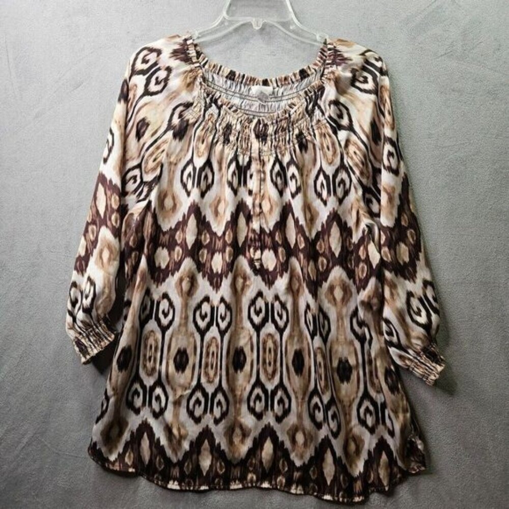 Chicos Blouse Womens Size 3 Brown Off Shoulder Crinkle Tribal Multicolor Top